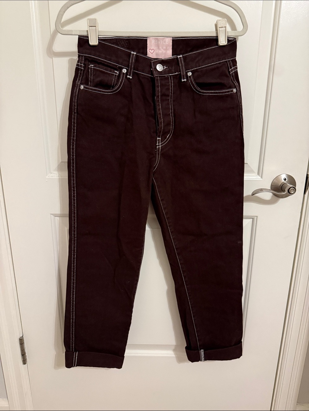 REVICE Brown Jeans with Pink Label and White Stitching